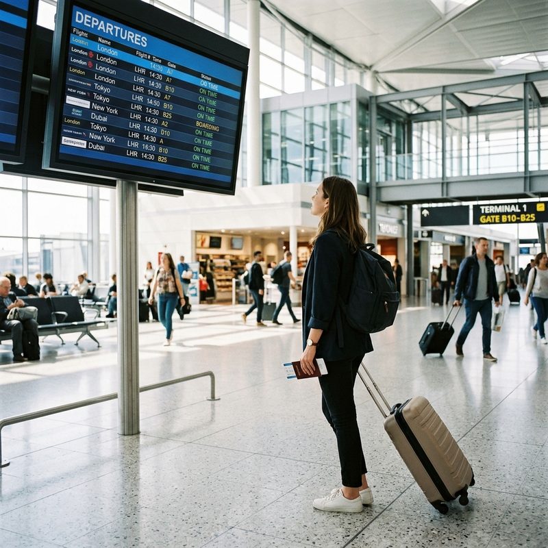 Traveler looking at a departure board at a modern international airport